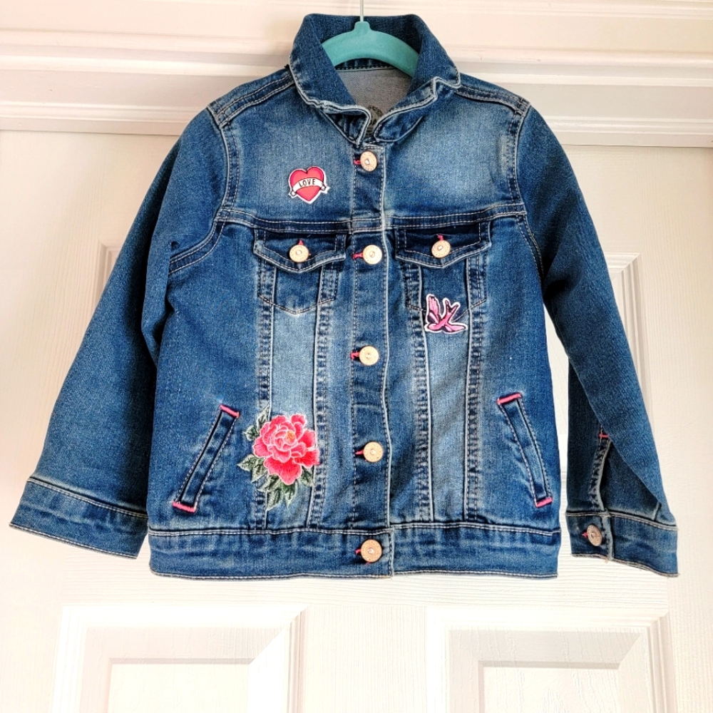 Jordache Girls 4T Denim Jacket Rose, Love and Bird Patches